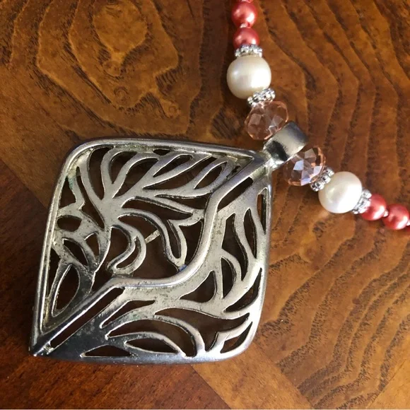 Handcrafted repurpose large filigree pendant Czech glass Pearl necklace